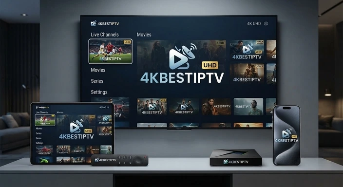 4KBESTIPTV reliable 4K IPTV provider showing live TV on screens